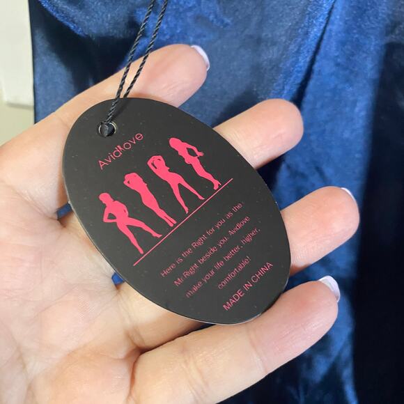 AvidLove NWT Navy Blue Satin & Lace T-Back Chemise Nightie Slip Dress Sz L - Picture 6 of 9